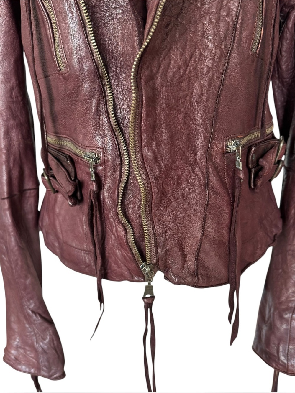 Vintage y2k Christian Peau Burgundy Goat Leather Moto Jacket sz 38 - Picture 3 of 16